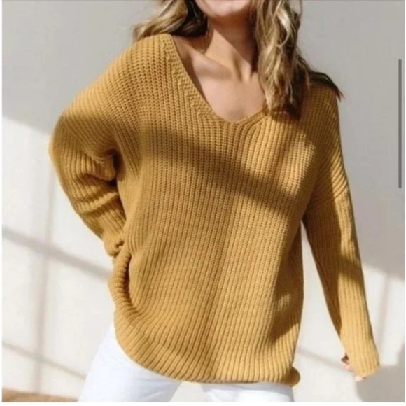 JENNI KAYNE Fisherman Organic Cotton V Neck Knit Sweater in Mustard Size Medium - Picture 3 of 11